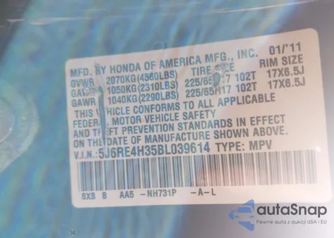 2011 Honda Cr-V Lx z USA, uszkodzony, nr VIN 5J6RE4H35BL039614